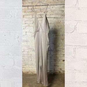 aura v-neck satin bridesmaid jumpsuit in sand [size 10]